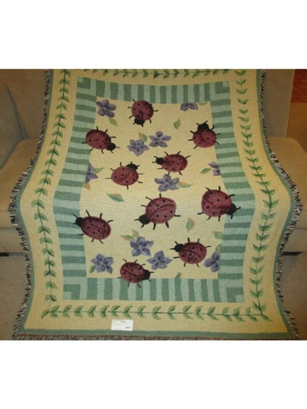 New Ladybug Garden Heavy Cotton Afghan Throw Blanket 54x70 Lady Bug Spots Beetle - Picture 2 of 3